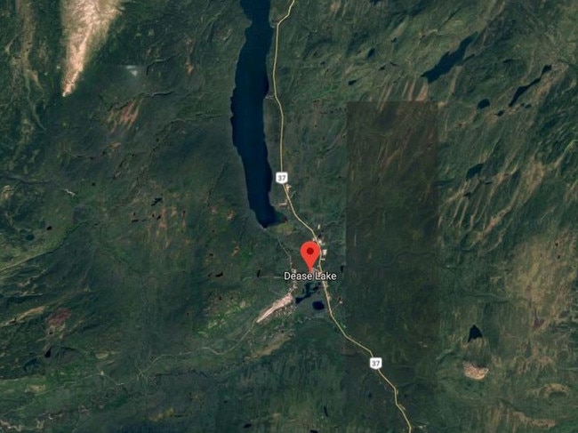 The remote Dease Lake, British Columbia, where the teens were last seen, is about 400km from where the bodies of Lucas Fowler and Chynna Deese were found. Picture: Google Maps