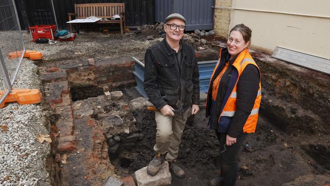 John Kelly owner of the Hope &amp; Anchor pub with Doctor Jennifer Jones-Travers archaeologist and director of Latitude Heritage who is involved with the dig. An archaeological dig at the vacant site adjacent to the Hope &amp; Anchor pub in Hobart has uncovered some treasures from years gone by. Picture: Nikki Davis-Jones