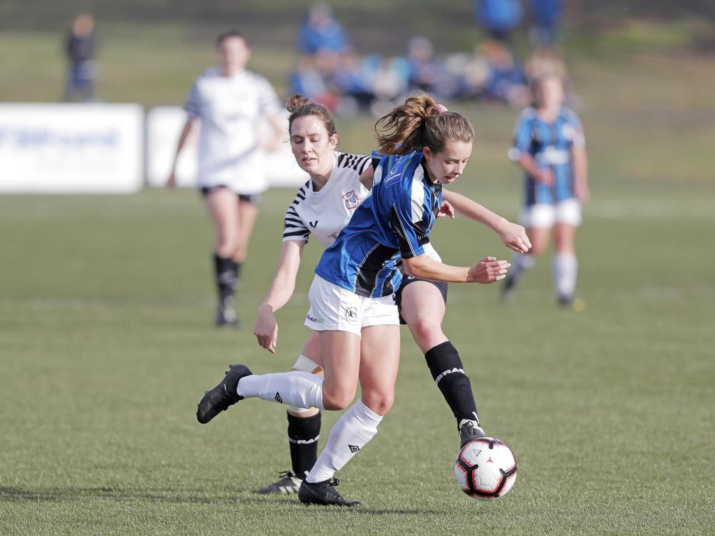 Hobart Zebras versus Kingborough Lions in the women's Statewide Cup final at KGV. Kingborough's Emille Tatton beats her opponent, Hobart's Rachel Gill. Picture: PATRICK GEE