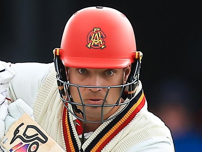 SYDNEY, AUSTRALIA - OCTOBER 09: Alex Carey of of South Australia hits a four off the bowling of Jack Nisbet of the Blues during the Sheffield Shield match between New South Wales and South Australia at Cricket Central, on October 09, 2024, in Sydney, Australia. (Photo by Mark Evans/Getty Images)