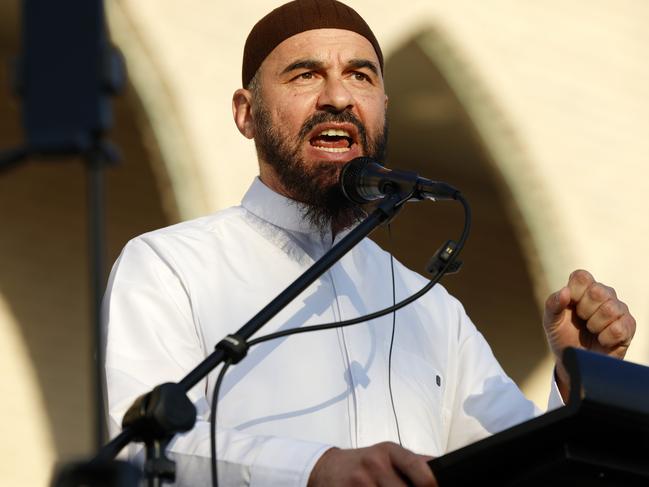 Sheikh Wesam Charkawi speaking at the United Community Rally for Palestine and Lebanon being held at the Lakemba Mosque. Picture: Jonathan Ng