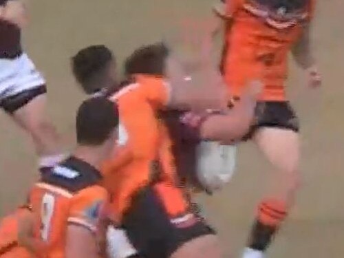 Southport's Carne Doyle-Manga was sent off for this high shot on Burleigh fullback Ollie Tuimavave/ Picture: BarTV Sports.