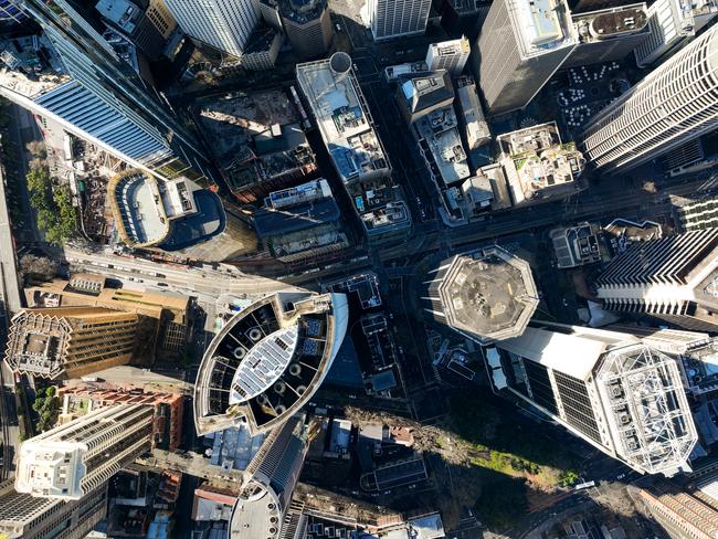 Aerial birds eye views of real estate and infrastructure in Sydney Australia of CBD