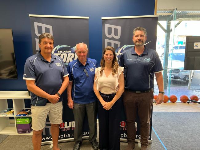 Bellarine Peninsula Basketball Association vice president Gary Thompson, president Tony Kane, Bellarine MP Alison Marchant and BPBA General Manager Arron Lothian. Picture: Bellarine Peninsula Basketball Association.