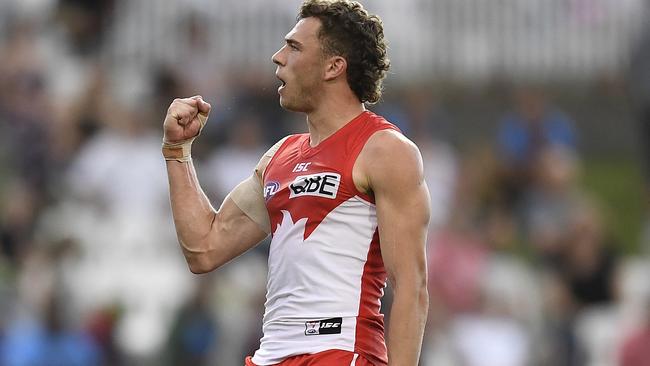 Will Hayward celebrates a goal during the Swans’ victory. Picture: Getty Images