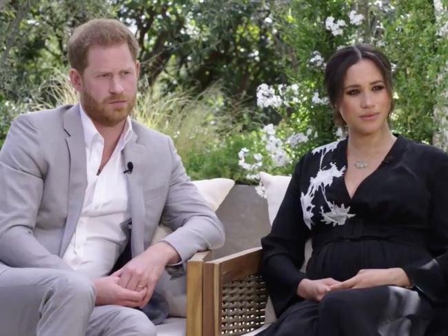 Harry and Meghan seen during interview with Oprah Winfrey. Picture: CBS