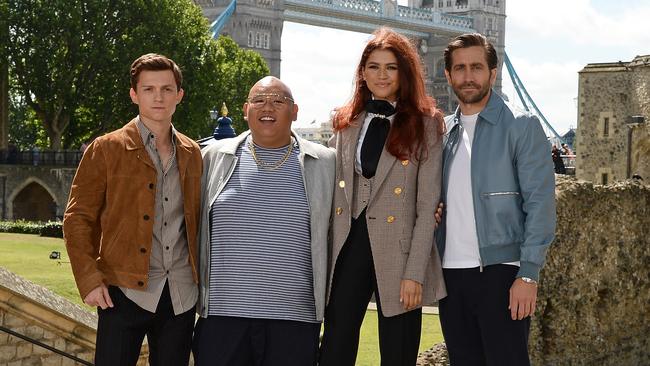 Tom Holland (Peter Parker/Spider-Man), Jacob Batalon (Ned Leeds), Zendaya (MJ), and Jake Gyllenhaal (Quentin Beck/Mysterio) in London. Picture: Getty