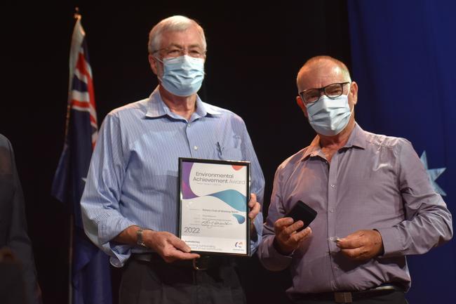 Larry Slattery and Dan Davis accepting the Environmental Achievement Award on behalf of the Rotary Club of Mackay North at the Mackay Australia Day awards at the MECC on January 25, 2022. Picture: Lillian Watkins