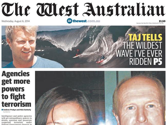 The West Australian newspaper front page of Wendy and David Farnell, Gammy.