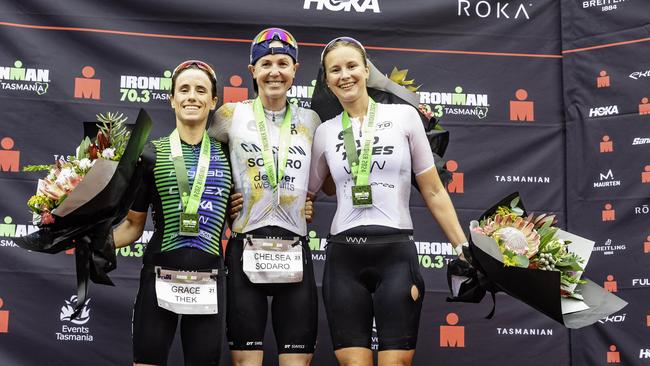Winners of the female Ironman 70.3 Tasmania in Hobart on Sunday 4th February 2024. L-R Grace Thek 2nd, Chelsea Sodaro 1st, and Hanne De Vet 3rd. Picture: Linda Higginson
