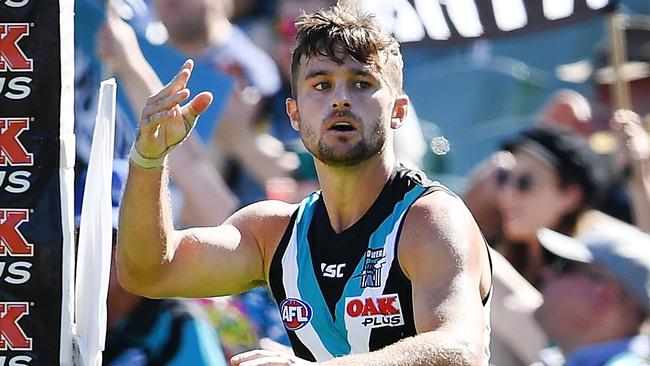 Sam Gray of Port Adelaide celebrates a goal on Saturday. Picture: Mark Brake/Getty Images