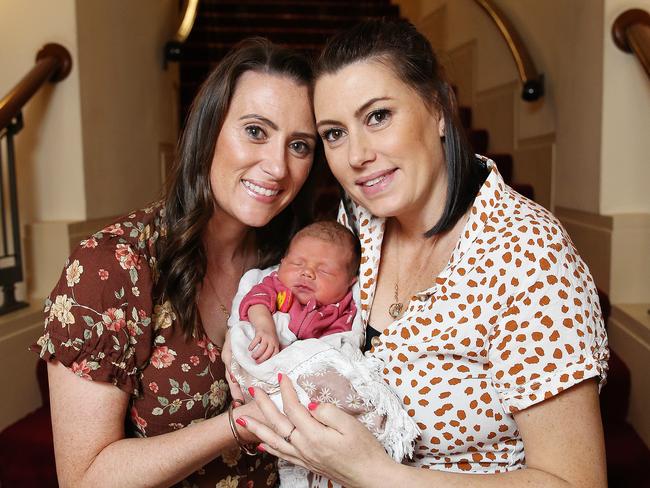 Jacqui and Natalie Gray and Natalie’s four-day-old daughter Tilly as the Voluntary Assisted Dying Bill was passed by the Legislative Council. Picture: Zak Simmonds