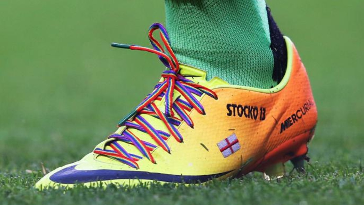 David Stockdale, Fulham goalkeeper, wears rainbow-coloured shoe laces as part of a campaign against homophobia in football in 2013. Picture: AAP