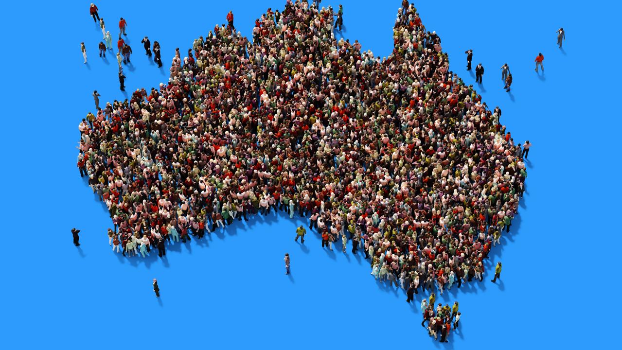 AUSTRALIA POPULATION STOCK – Human crowd forming a big Australian map on blue background. Horizontal composition with copy space. Clipping path is included. Population and Social Media concept. Picture: iStock