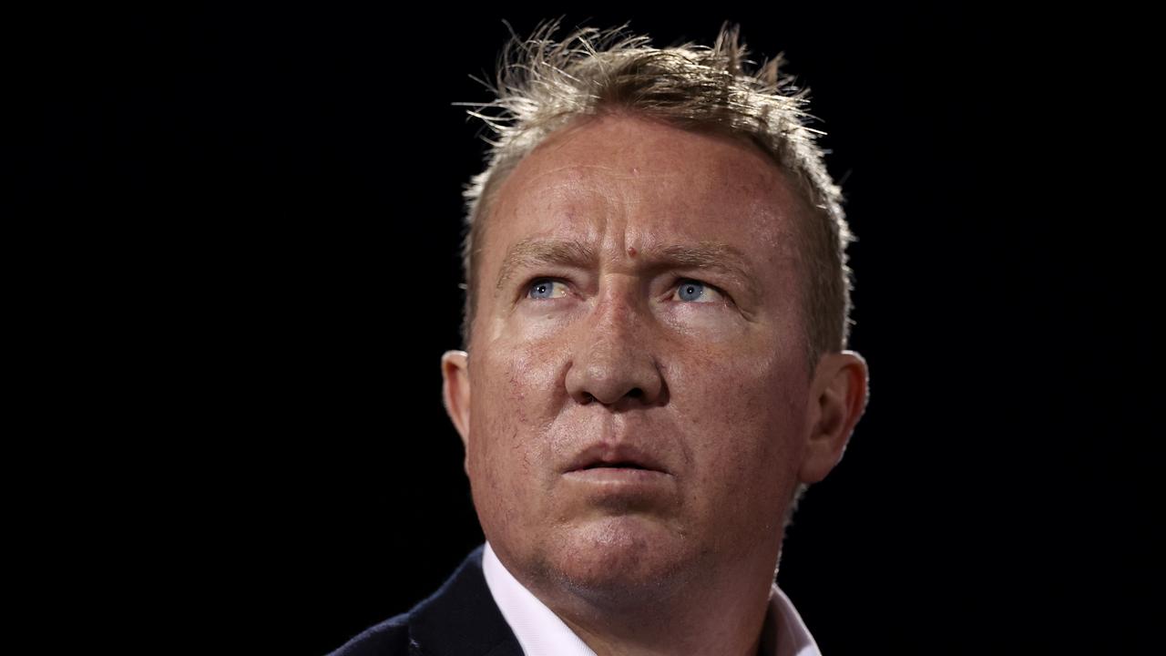 PENRITH, AUSTRALIA - SEPTEMBER 13: Trent Robinson head coach of the Roosters looks on ahead of the NRL Qualifying Final match between Penrith Panthers and Sydney Roosters at BlueBet Stadium on September 13, 2024 in Penrith, Australia. (Photo by Cameron Spencer/Getty Images)