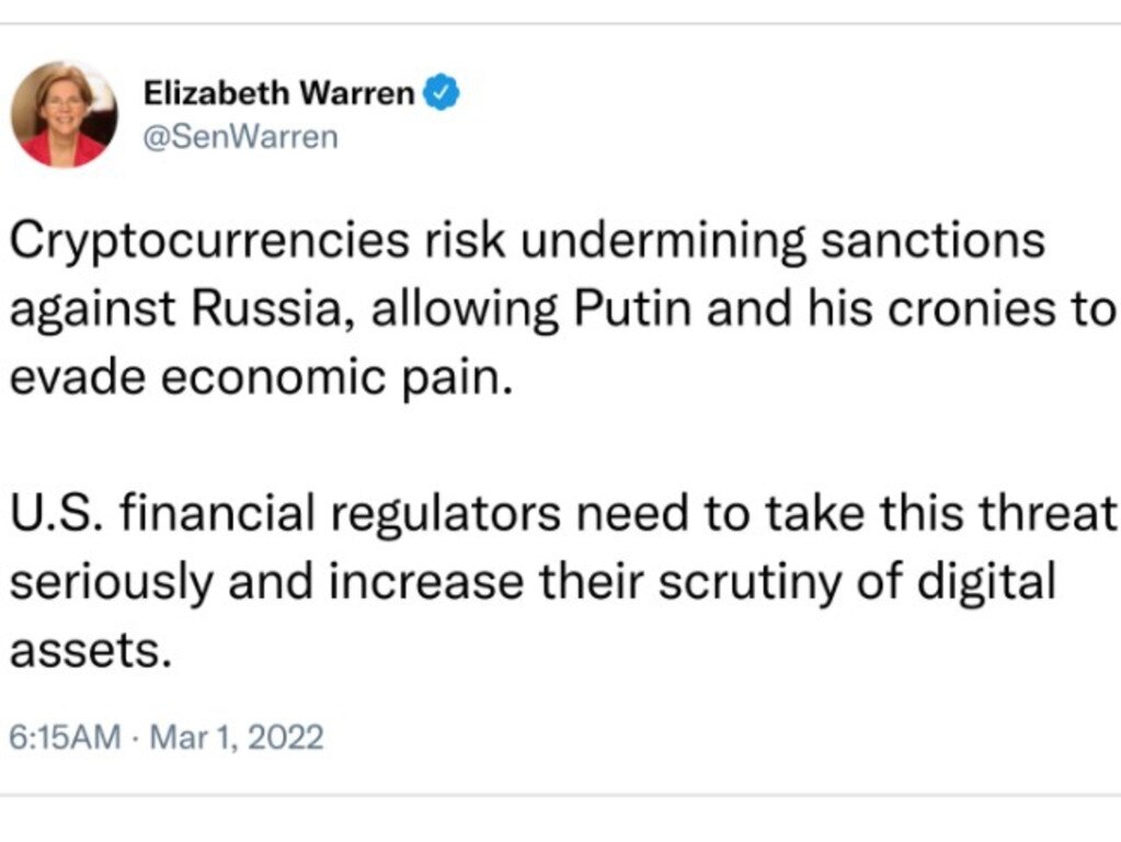 US Senator Elizabeth Warren wants more scrutiny on crypto. Picture: Twitter.