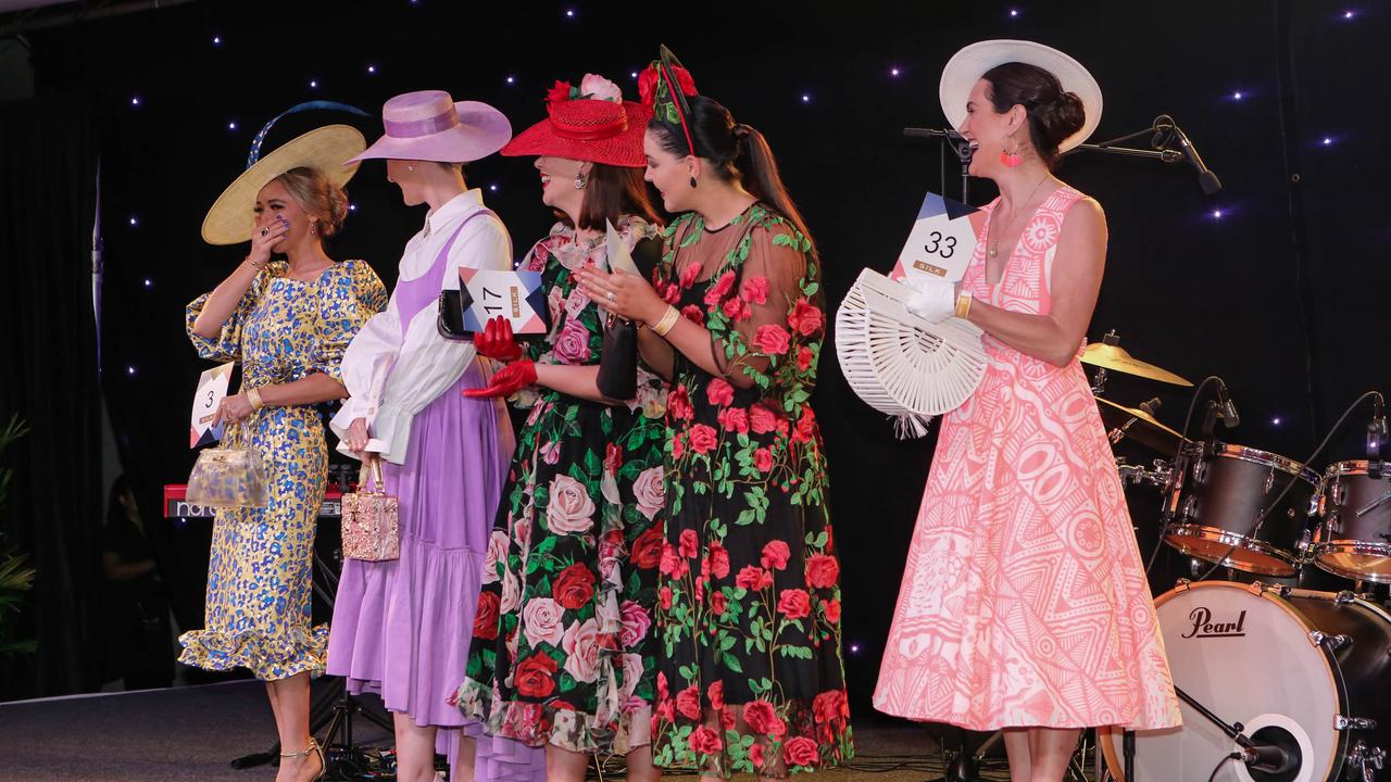 Tatiana Hoffman (L) wins in Fashions on the Field at Bridge Toyota Ladies Day. Picture: GLENN CAMPBELL