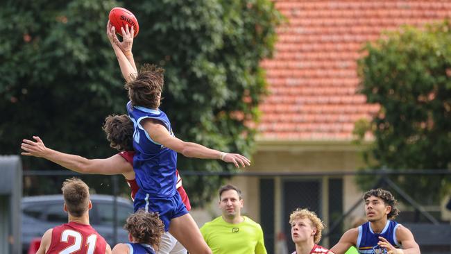 Sacred Heart’s Darcy Minchella gets the first bounce tap over Prince Alfred’s Declan Hortle. Picture: Russell Millard