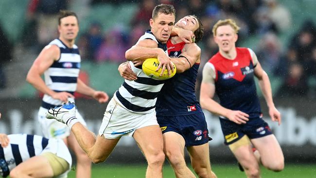 Jack Viney wasn’t taking a backwards step against Joel Selwood. Picture: Getty Images