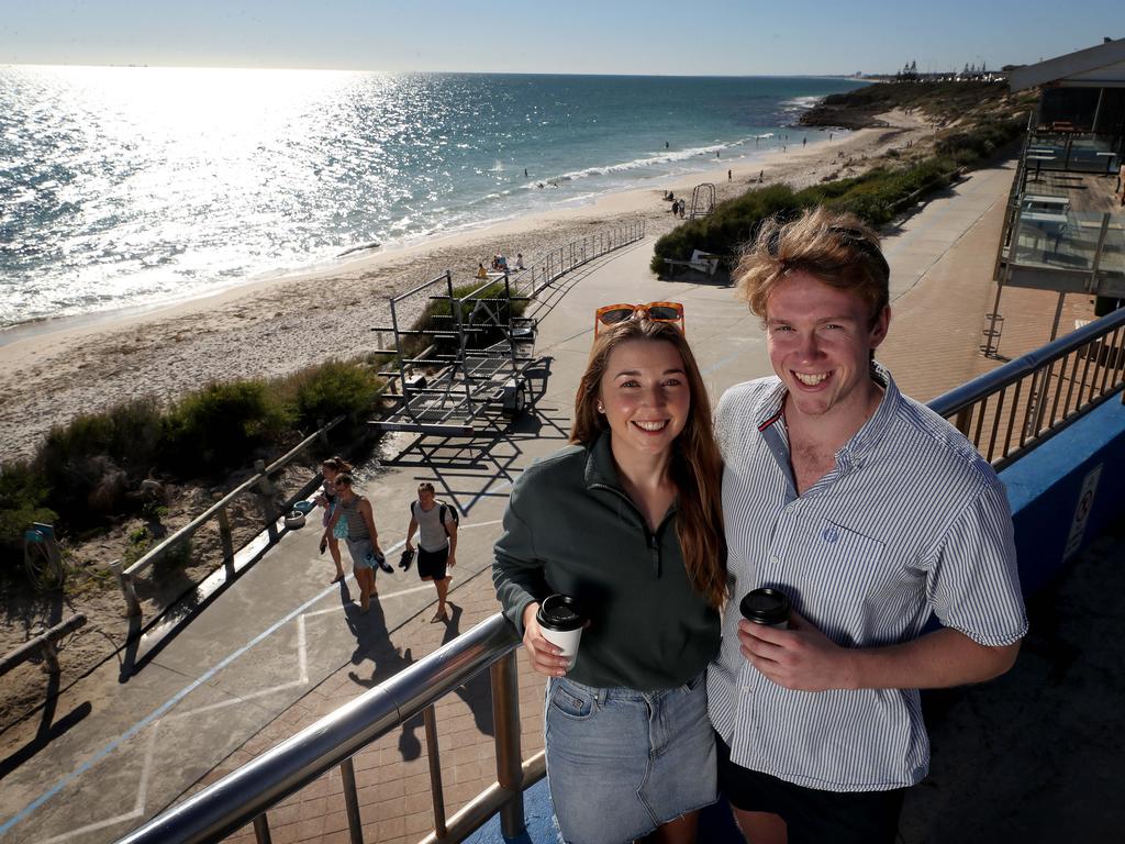 10/5/2020Madeline Avis and David Dixon having a coffee at Cottesloe Beach.People at Cottesloe.Pic Colin Murty The Australian