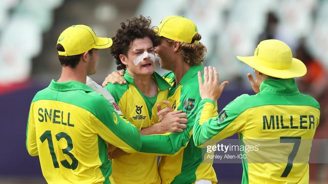 Will Salzmann celebrating a wicket at the U19 World Cup.