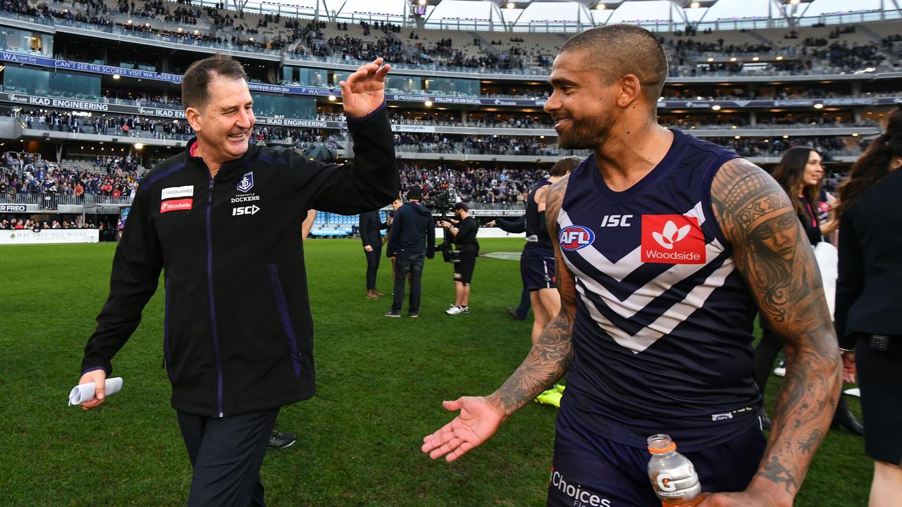 Ross Lyon celebrates the win with Bradley Hill. (Photo by Daniel Carson/AFL Photos via Getty Images)