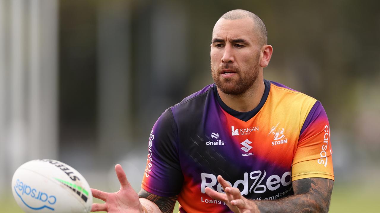 MELBOURNE, AUSTRALIA - APRIL 17: Nelson Asofa-Solomona of the Storm takes the ball during a Melbourne Storm NRL training session at Gosch's Paddock on April 17, 2024 in Melbourne, Australia. (Photo by Robert Cianflone/Getty Images)