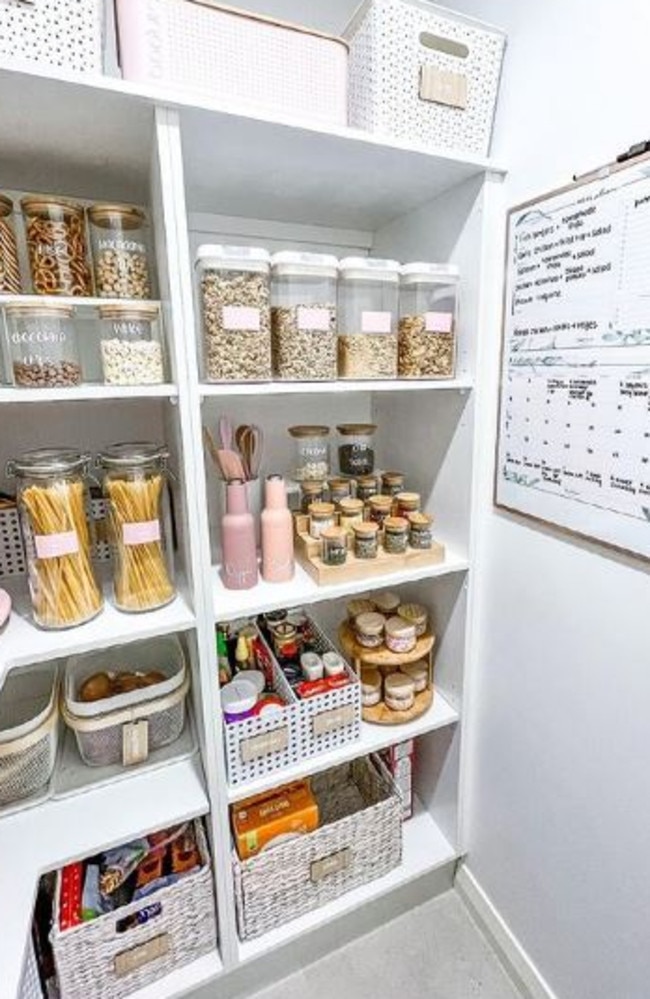 She organised her pantry three years ago, spending around $250 on storage solutions from Ikea, Freedom and Kmart. Picture: Instagram/@sonyameares