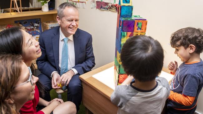 Pitch to parents ... Bill Shorten on a visit to a preschool in Melbourne last week as part of his education funding drive. Picture: AAP