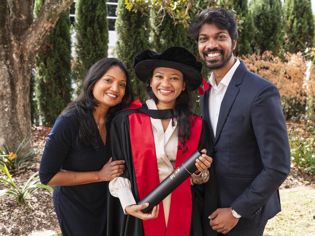 PhD graduate Suren Cabral de Mel with Ruven Senanayake and Ruvi de Mel at a UniSQ graduation ceremony at The Empire, Tuesday, June 25, 2024. Picture: Kevin Farmer