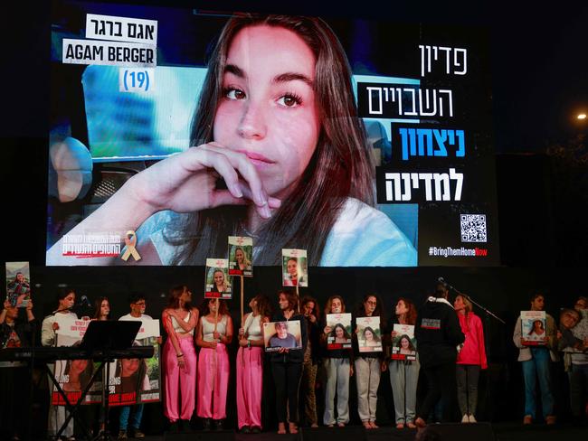 Relatives and supporters of Israeli hostages held in Gaza since the October 7 attacks by Hamas militants hold placards during a demonstration in front of the Israeli parliament in Jerusalem on April 7, 2024, amid the ongoing conflict in the Gaza Strip between Israel and the Palestinian militant Hamas movement. (Photo by Menahem Kahana / AFP)