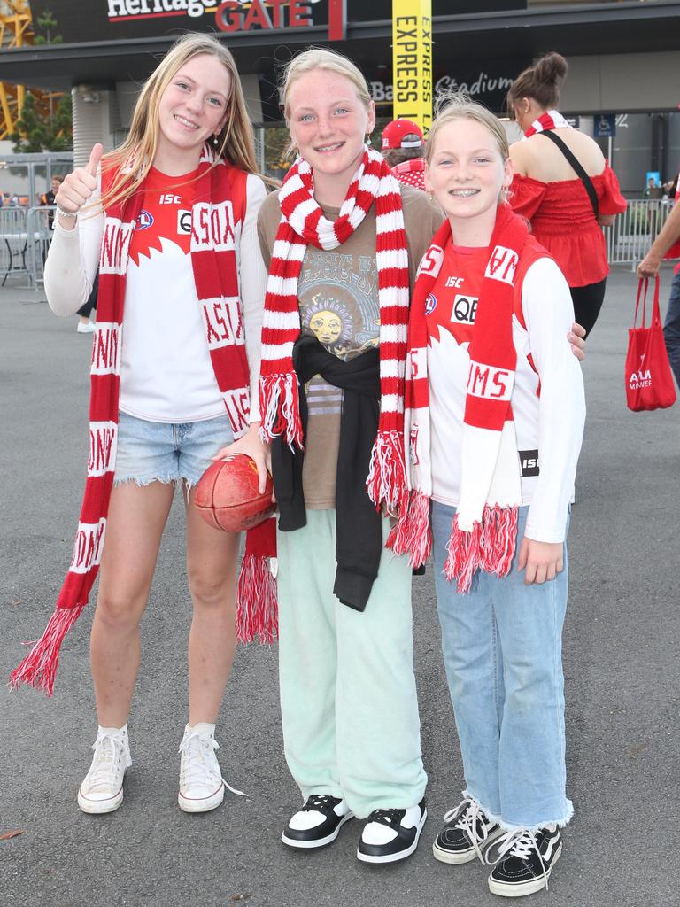 The Gold Coast Suns will host its first AFLW final when they take on the Sydney Swans on Saturday night. Taylah, Matilda and Ivy Heyma. 11 November 2023 Carrara Picture by Richard Gosling