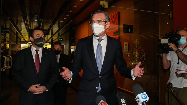 Newly elected leader Dominic Perrottet with his deputy Stuart Ayres after the ballot. Picture: NCA NewsWire / Gaye Gerard