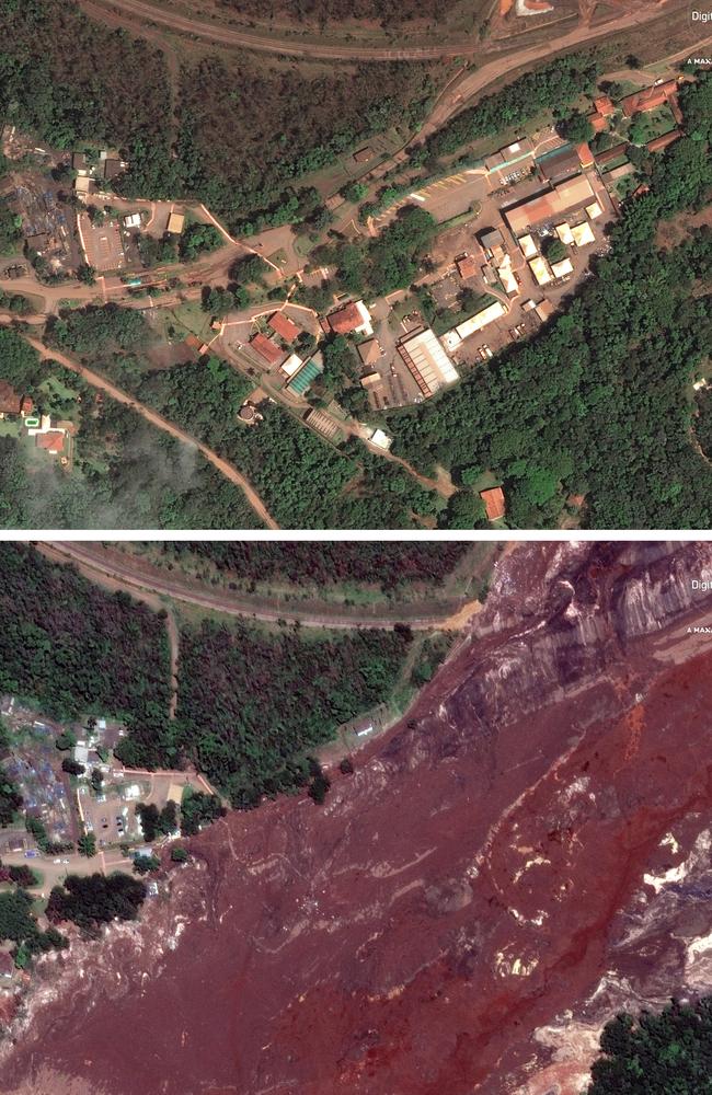 This combo of satellite images shows fields and farmhouses near Brumadinho, before and after tailings from the dam covered the area on January 25. Picture: DigitalGlobe via AP