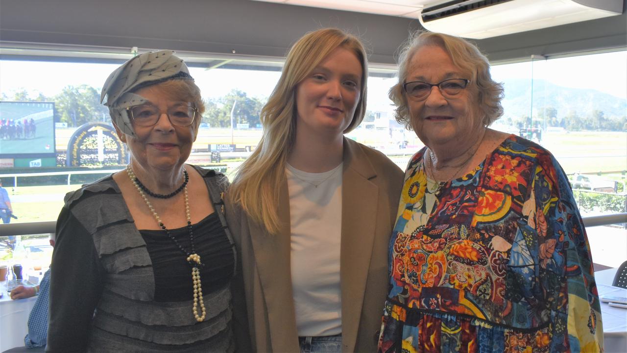 Joan Davidson, Ellie Beak and Valda Beak at the 2023 Rockhampton Girls Grammar 21st Race Day.