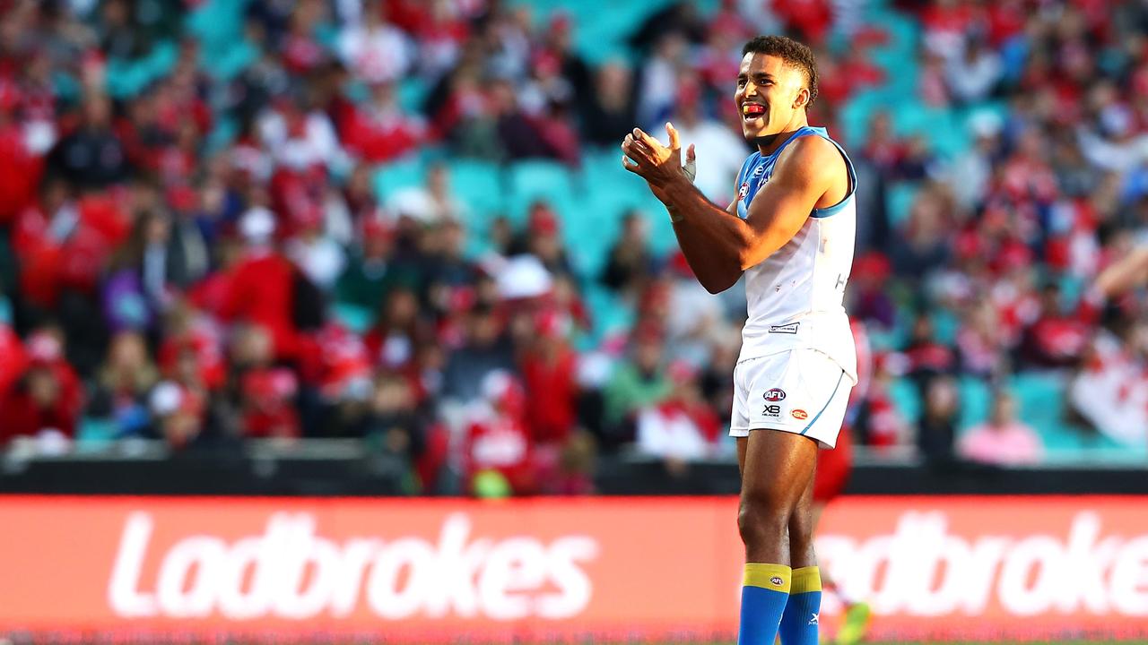 Touk Miller celebrates after Gold Coast beat Sydney at the SCG last season.