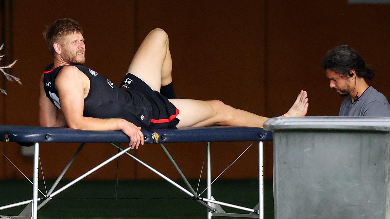 Injured Bombers star Michael Hurley undergoes treatment at the Hangar. Picture: Mark Stewart