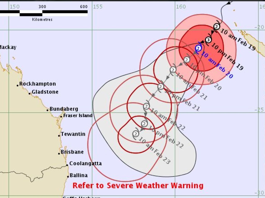 An update from the Bureau of Meteorology shows the predicted path of Cyclone Oma. Source: Bureau of Meteorology, Queensland