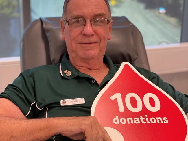 John King gives his 100th blood donation in Ipswich during National Blood Donor week.