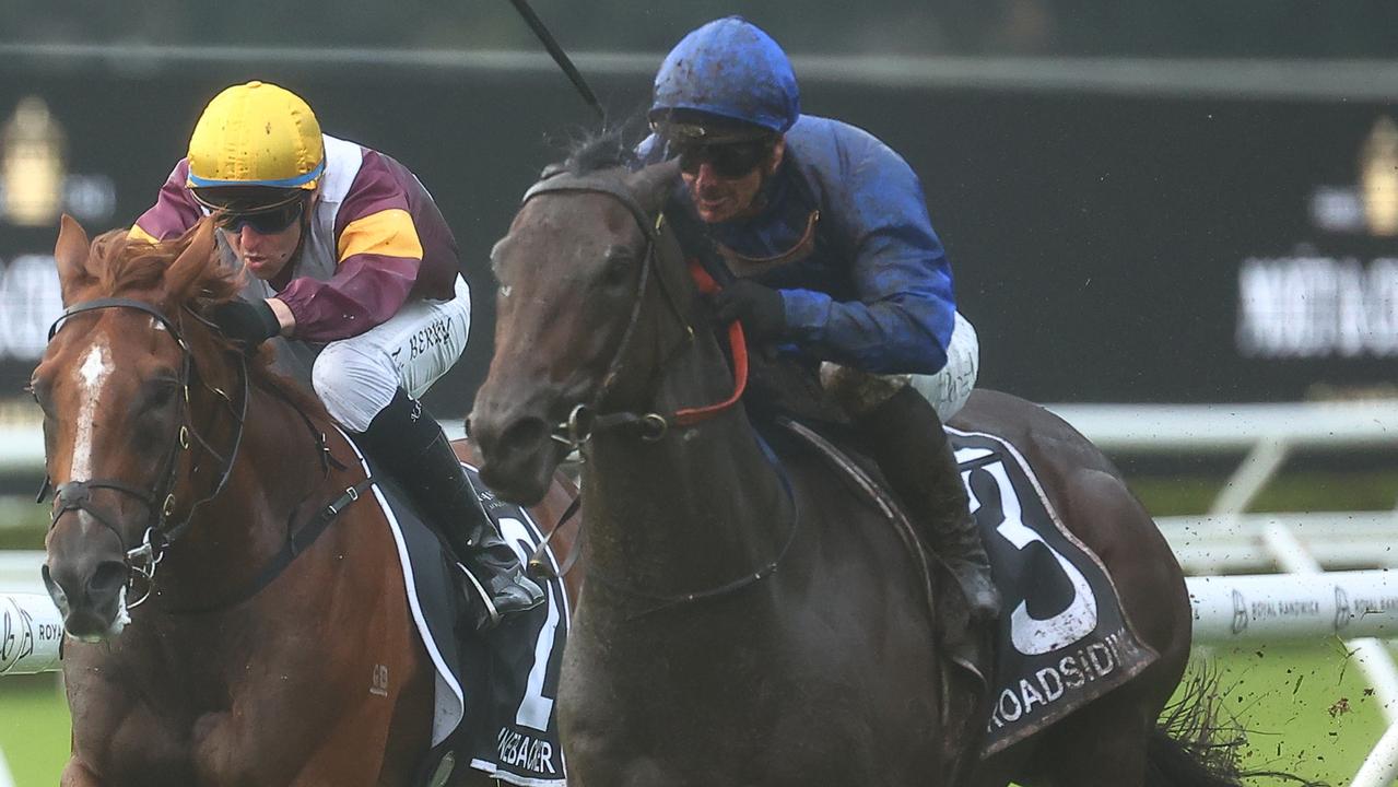 SYDNEY, AUSTRALIA - APRIL 20: James Mcdonald riding Broadsiding wins Race 7 Moet & Chandon Champagne Stakes during Sydney Racing at Royal Randwick Racecourse on April 20, 2024 in Sydney, Australia. (Photo by Jeremy Ng/Getty Images)