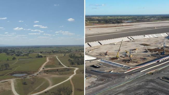 A before and after shot of the Western Sydney Airport construction site.