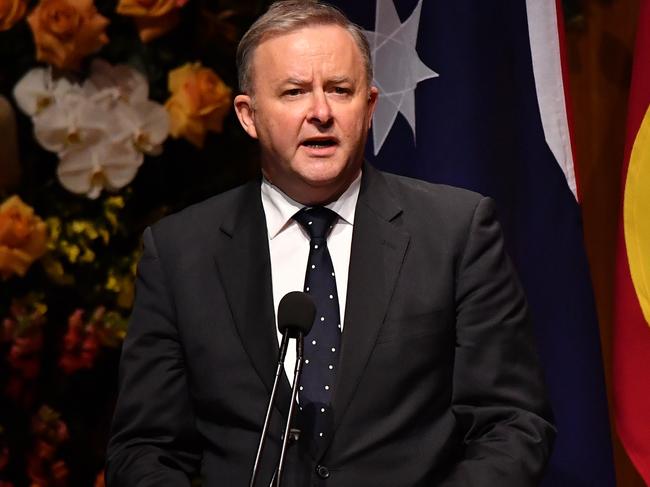 Labor leader Anthony Albanese speaking during the State Memorial service for former Prime Minister Bob Hawke at the Sydney Opera House in Sydney, Friday, June 14, 2019. (AAP Image/Dean Lewins) NO ARCHIVING