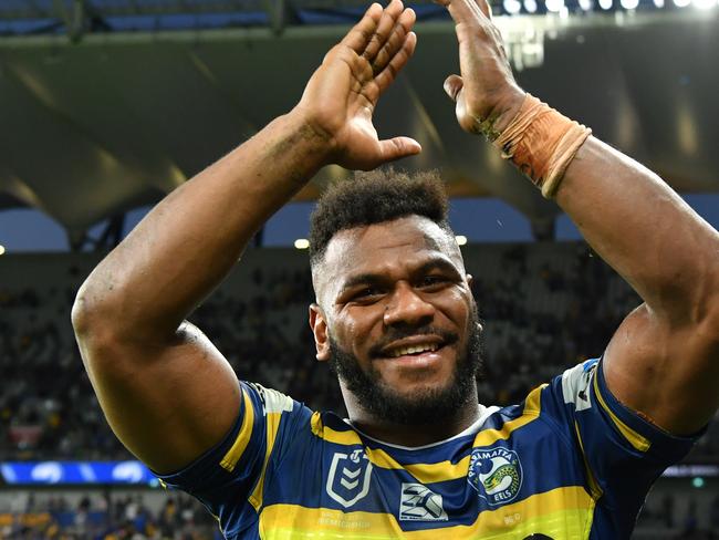 Maika Sivo of the Eels celebrates during the Second NRL Elimination Final between the Parramatta Eels and the Brisbane Broncos at Bankwest Stadium in Sydney, Sunday, September 15, 2019. (AAP Image/Joel Carrett) NO ARCHIVING, EDITORIAL USE ONLY