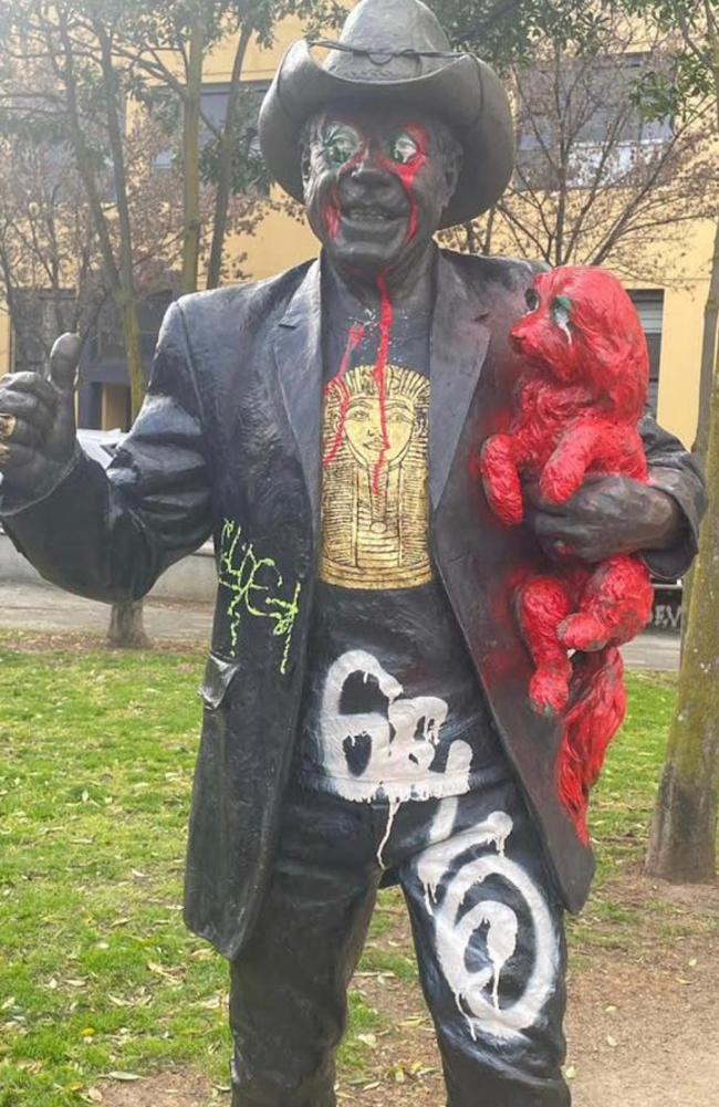 The Molly Meldrum statue was defaced with red paint last year.