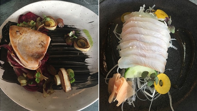 Two of La Lune's best: grilled swordfish from Mooloolaba, served on radicchio, charred leek and pickled grape salad with a smear of sepia oil (left) and red emperor sashimi with house-pickled ginger, baby shiso, daikon shreds, cucumber, turmeric-pickled daikon and a sweet miso paste with ginger syrup.