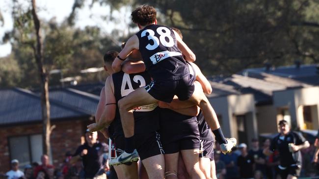 Mount Pleasant players celebrate during the grand final in the Heathcote league. Picture: Nikki Gee.