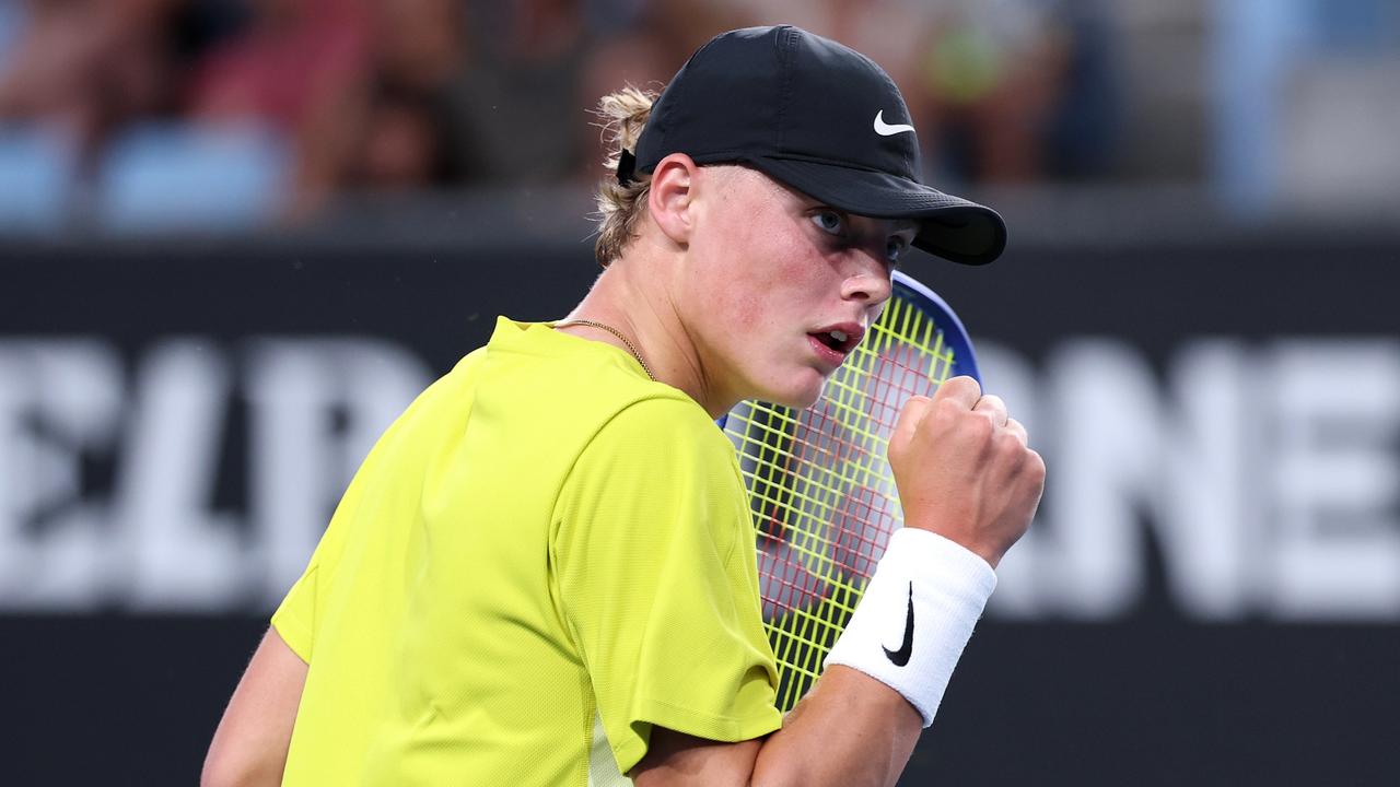 Cruz Hewitt has been knocked out of the junior boys singles in the second round by No. 1 seed Jan Kumstat. Picture: Daniel Pockett / Getty Images