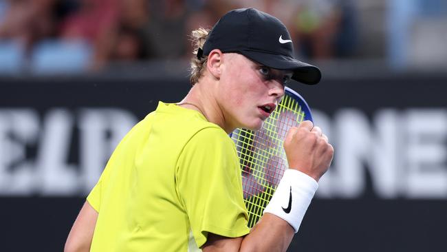 Cruz Hewitt has been knocked out of the junior boys singles in the second round by No. 1 seed Jan Kumstat. Picture: Daniel Pockett / Getty Images