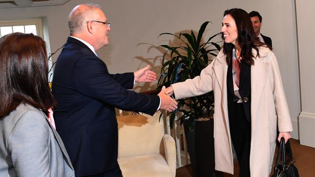 Scott Morrison and Jacinda Ardern meet in Melbourne. Picture: Getty Images.