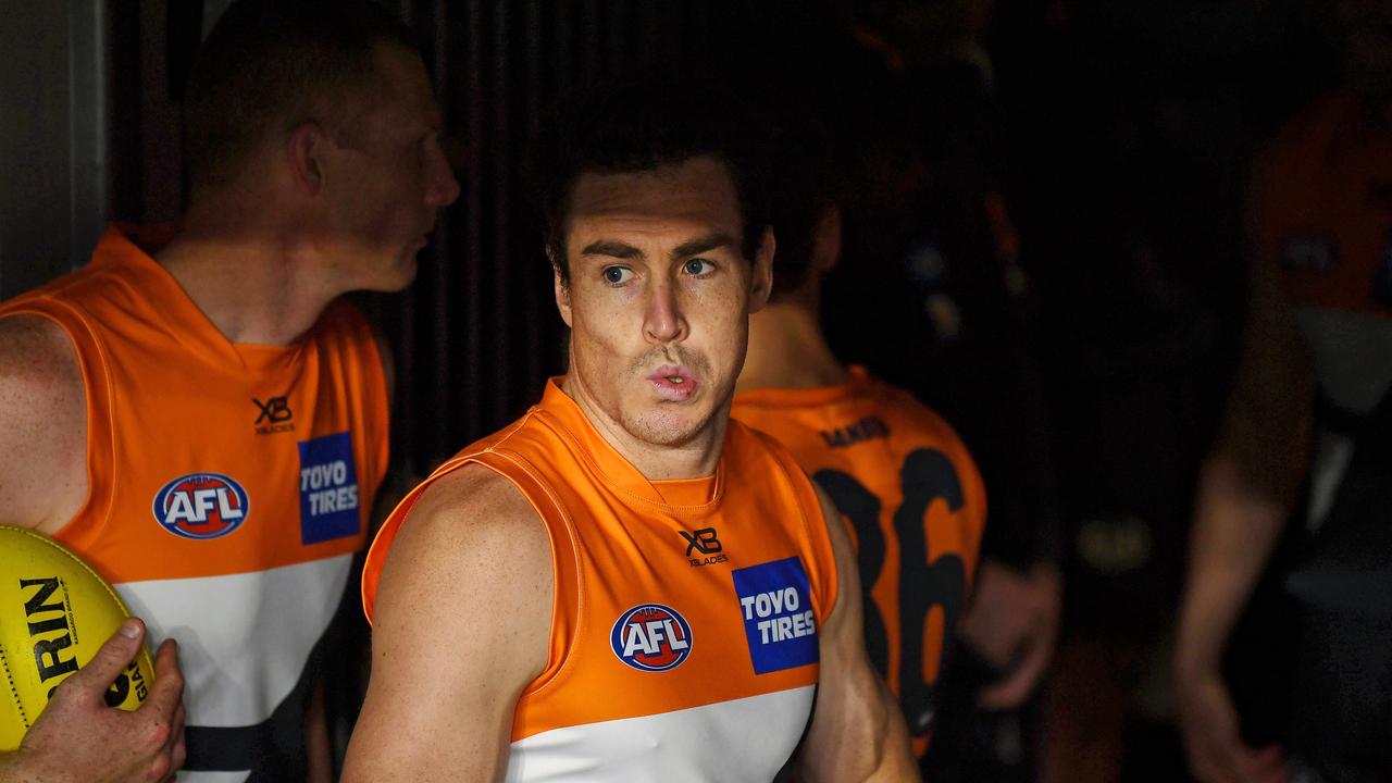 Jeremy Cameron of the Giants sets to enter the field against the Swans in 2020